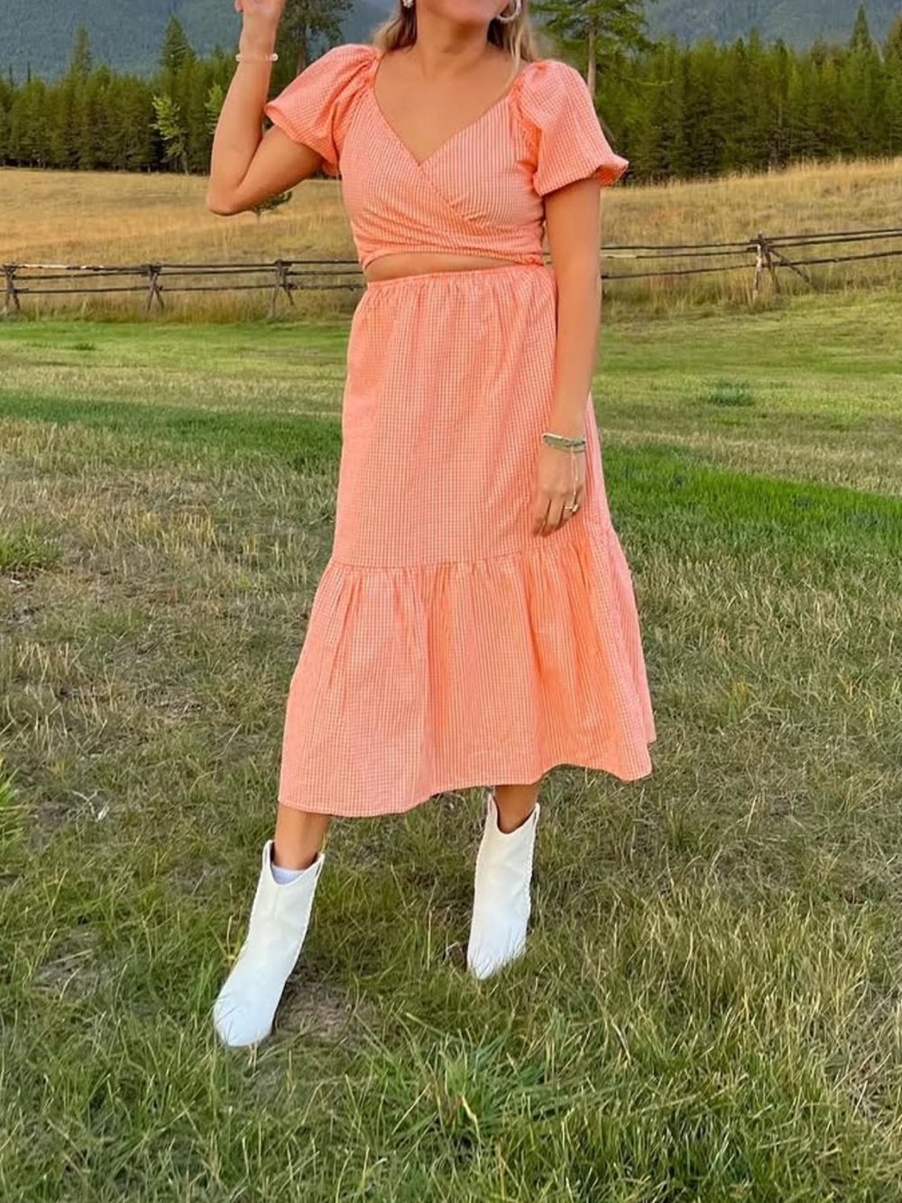 Women's Peach Gingham Wrap Midi Dress